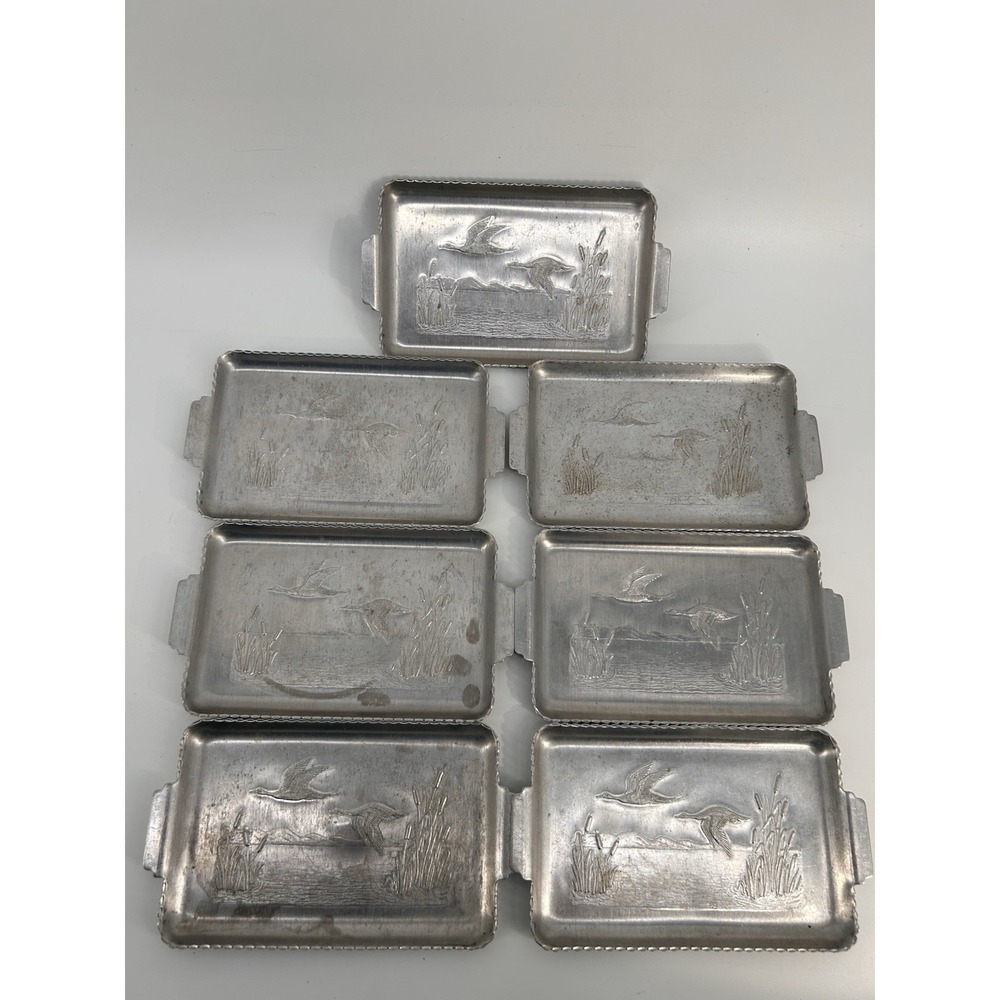 Vintage Hammered Aluminum Flying Ducks in Flight Trinket Tray Metalware 7" Lot 7